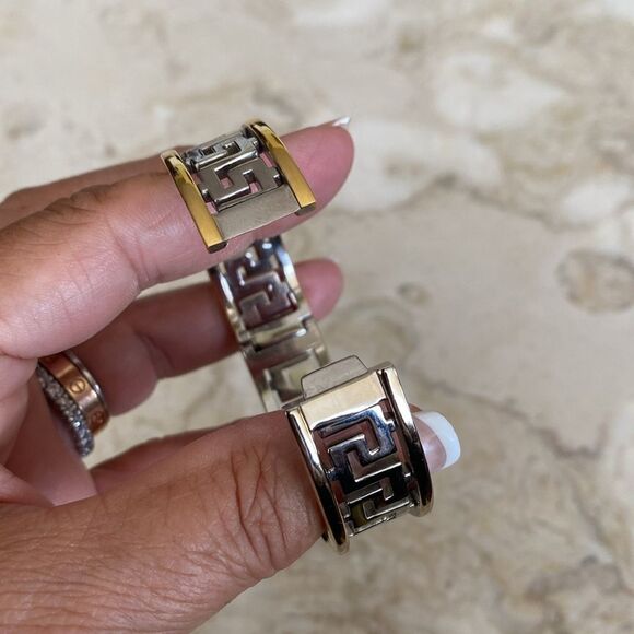 Greek Key Gold & Silver Tone Cuff Hinged Bangle Watch - Picture 10 of 12